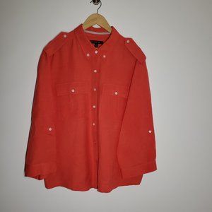 Lafayette 148 New York Sz 16 Red Linen Blend Button Down Blouse Safari Style
